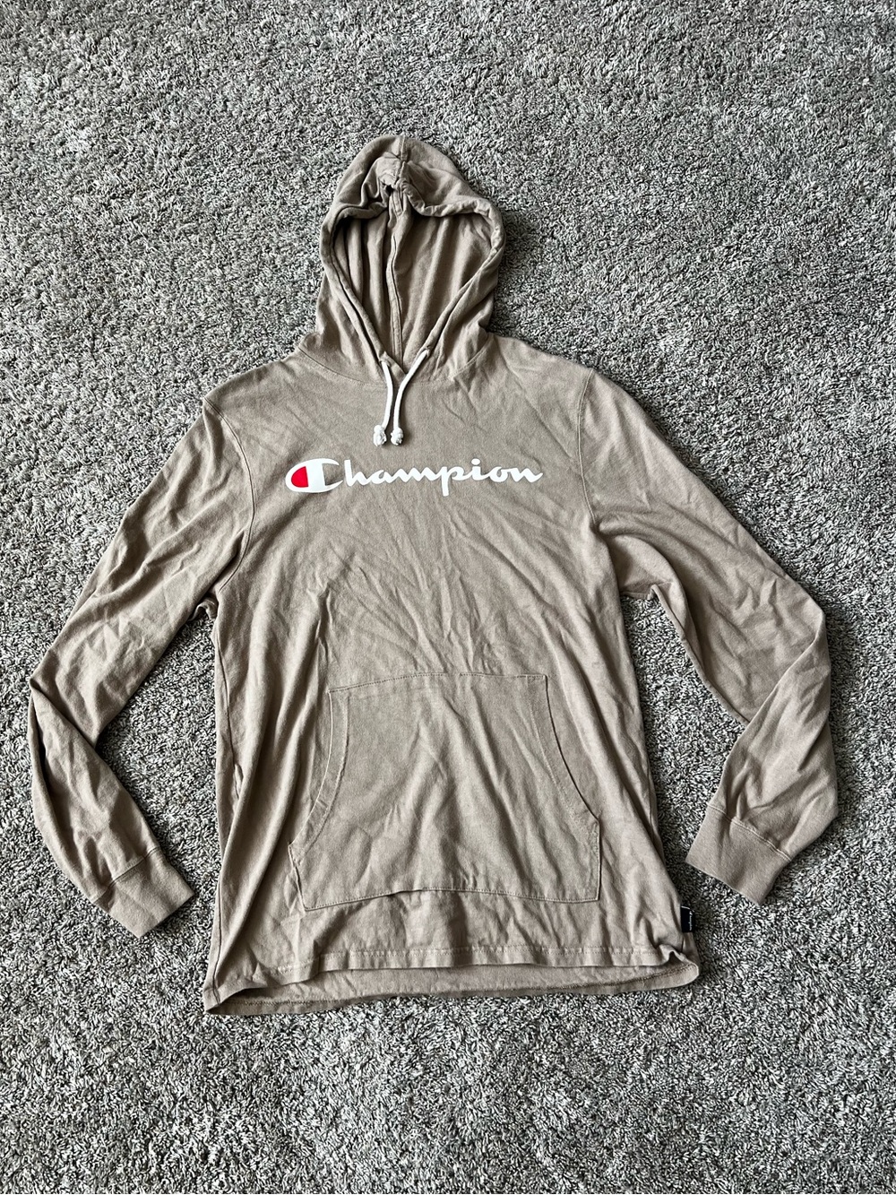 Champion Hooded Pullover in Beige with White Drawstring